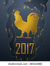 2017 Lunar New Year oriental greeting card design with gold Zodiac Signs - cock in abstract fire. Chinese Year of the Rooster 2017. Golden elements, vector illustration.