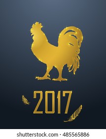 2017 Lunar New Year oriental greeting card design with gold Zodiac Signs - cock. Chinese Year of the Rooster 2017. Golden elements, vector illustration.