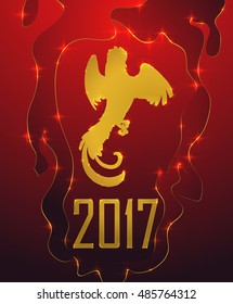 2017 Lunar New Year oriental greeting card design with gold Zodiac Signs - cock in abstract fire. Chinese Year of the Rooster 2017. Golden elements, vector illustration.