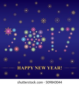 2017 made of snowflakes. Hand Drawn Colorful Shinning Snowflakes arranged in shape of 2017 on Dark Blue with Golden Falling Snowflakes. Perfect for Festive design. vector illustration.