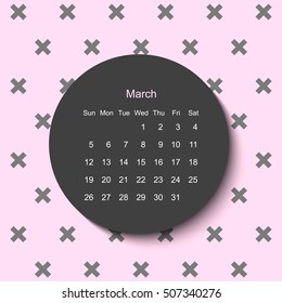 2017 March calendar. Modern creative geometric minimal pink background.Black, pink and white. Trendy stylish pattern and calendar March 2017. Scandinavian style and trendy colors. Poster design.Cross.