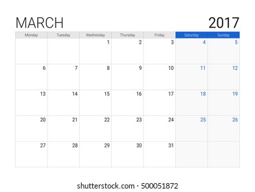 2017 March calendar (or desk planner), weeks start on Monday