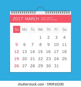 2017 march calendar template. Flat graphics of single page of wall Calendar concept isolated on blue background. Week starts from Sunday. EPS 10.