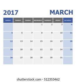 2017 March calendar week starts on Sunday, stock vector