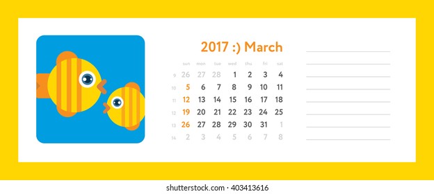 2017 march - weekly planner with zodiacal (horoscopes) signs, flat funny illustration. Vector template with calendar grid and place for notes. Week start on sunday.