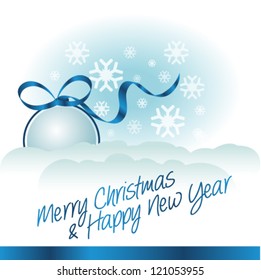 2017 Merry Christmas and Happy New Year greeting card, vector illustration. Holiday postcard. Graphic banner and poster template easy editable for Your deign. Blue bauble,snow and snowflakes.