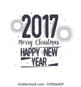 2017 Merry Christmas and Happy New Year hand drawn lettering design, Creative typographic background, Can be used as Greeting Card, Poster, Banner or Flyer. 