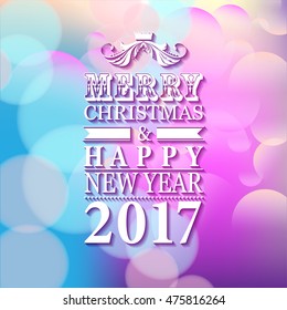 2017 Merry Christmas and Happy New Year card or background with blur background. 
Vector illustration.