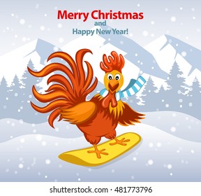 2017 Merry Christmas and Happy New Year Greeting Card with Cute Funny Rooster on  Snowboard Vector Illustration