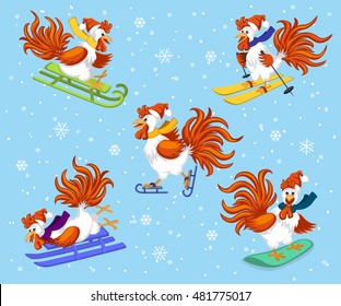 2017 Merry Christmas and Happy New Year Greeting Card with Cute Funny Rooster ice Skating , snowboarding, skiing, riding sled under the snow Vector Illustration