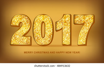 2017 Merry Christmas and Happy  New Year gold glitter texture font. Vector illustration.