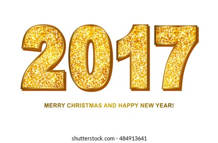 2017 Merry Christmas and Happy  New Year gold glitter texture font. Vector illustration.