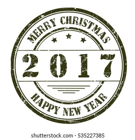 "2017, Merry Christmas, Happy New Year" grunge rubber stamp on white background, vector illustration