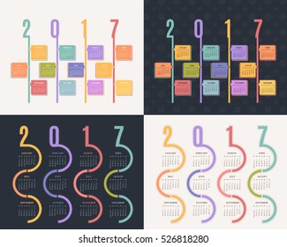 2017 Multicolored Full Calendar, Background Design. Flat Elements Retro Theme Calender, Geometric Lines Promotion Poster Vector Template Set - Week Starts Sunday