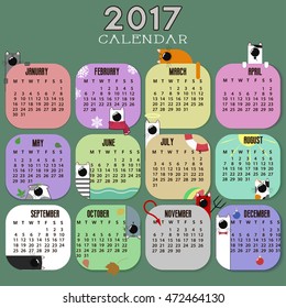 2017 New Calendar with Funny Cats Months, Days of the Week, Dates