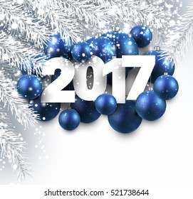 Año Nuevo 2017 con bolas azules de Navidad. Ilustración vectorial.