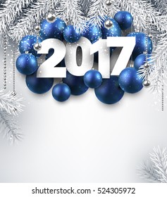 Año Nuevo 2017 con bolas azules de Navidad. Ilustración vectorial.