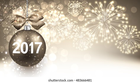 2017 New Year background with Christmas ball and fireworks. Vector illustration.
