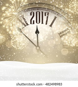 2017 New Year background with clock, snow and fireworks. Vector illustration.