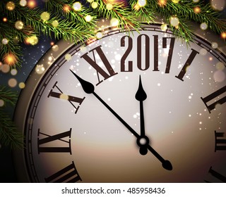 Año Nuevo 2017 con ramas de reloj y abeto. Ilustración vectorial.