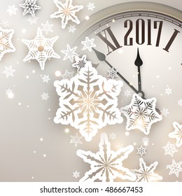 2017 New Year background with clock and snowflakes. Vector illustration.