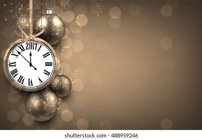 2017 New Year background with clock and silver balls. Vector illustration.