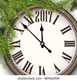 2017 New Year background with clock and fir branches. Vector illustration.