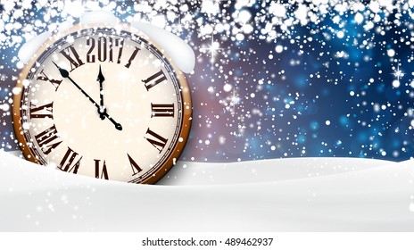 2017 New Year background with clock and snow. Vector illustration.