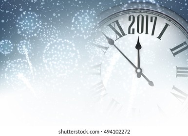 2017 New Year background with clock and fireworks. Vector illustration.