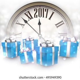 2017 Ano Novo fundo com relógio e presentes azuis. Ilustração vetorial.