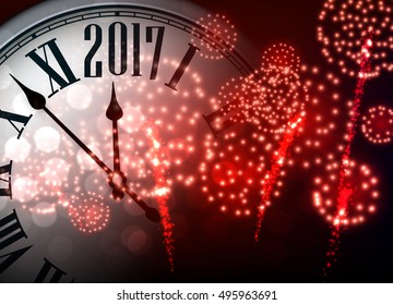 Año Nuevo 2017 con reloj y fuegos artificiales rojos. Ilustración vectorial.