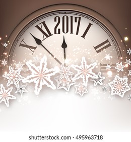 2017 New Year background with clock and snowflakes. Vector illustration.