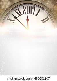 2017 New Year background with clock and snow. Vector illustration.