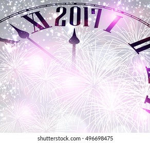 2017 New Year background with clock and fireworks. Vector illustration.