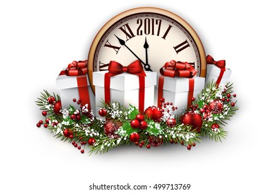2017 New Year background with clock and gifts. Vector illustration.