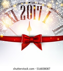 Año Nuevo 2017 con reloj y arco. Ilustración vectorial.