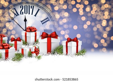 2017 New Year background with clock and gifts. Vector illustration.