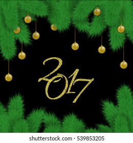 2017. New Year background with fir tree branches and golden Christmas balls. Stock vector.