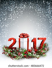 2017 New Year background with garland and gift. Vector illustration.