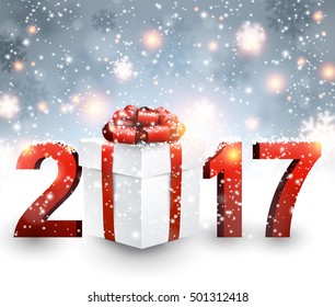 Año Nuevo 2017 con regalo y nieve. Ilustración vectorial.