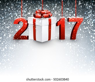 2017 New Year background with gift and snowfall. Vector illustration.