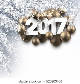 2017 New Year background with golden Christmas balls. Vector illustration.