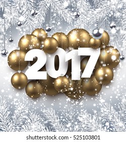 2017 New Year background with golden Christmas balls. Vector illustration.