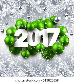 Año Nuevo 2017 con bolas verdes de Navidad. Ilustración vectorial.