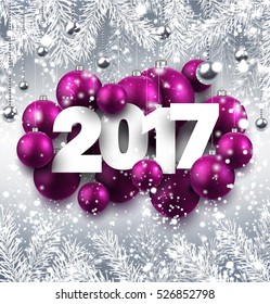 2017 New Year background with pink Christmas balls. Vector illustration.