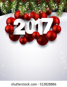 2017 New Year background with red Christmas balls. Vector illustration.