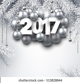 2017 New Year background with silver Christmas balls. Vector illustration.