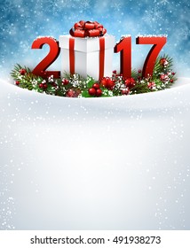 2017 New Year background with snow, garland and gift. Vector illustration.