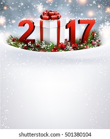 Año Nuevo 2017 con nieve, tierras de cultivo y regalo. Ilustración vectorial.