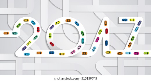 2017 new year background, vector urban illustration of cars on the road